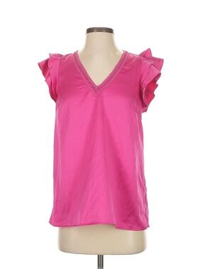 Sleeveless Ruffle V-Neck Blouse in Hot Pink